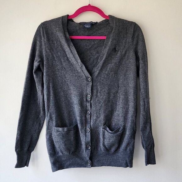 Ralph Lauren Sport Merino Wool Cardigan | Women's Large | Charcoal Gray Pockets - Picture 1 of 9
